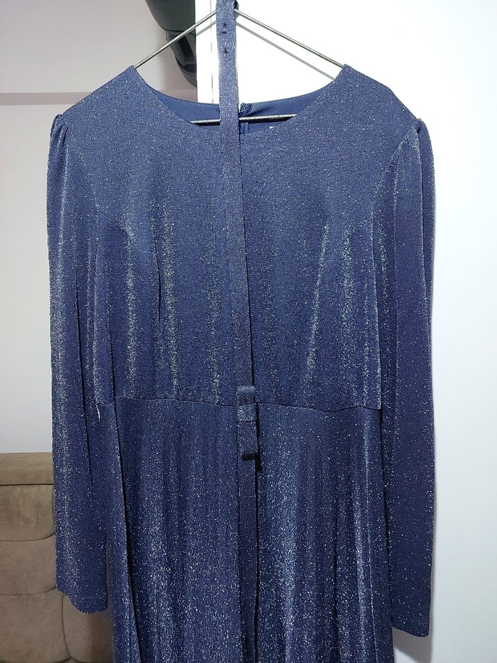 Navy Uzun Kollu Parlak Abiye Elbise - Görsel 2