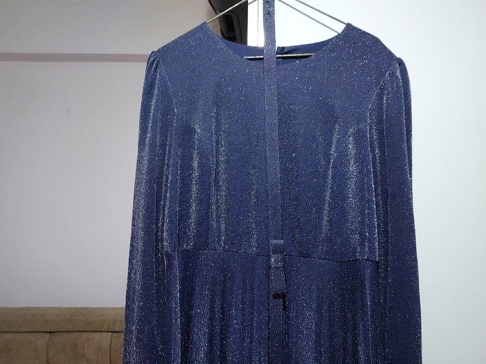 Navy Uzun Kollu Parlak Abiye Elbise - Görsel 3