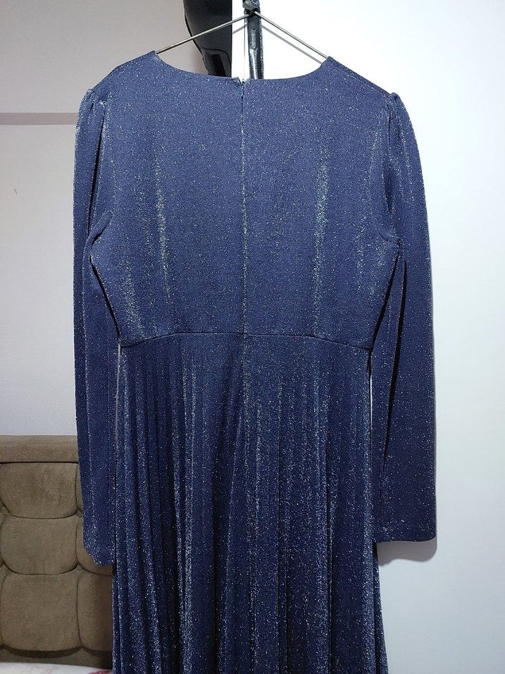 Navy Uzun Kollu Parlak Abiye Elbise - Görsel 4