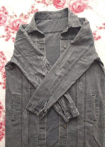 Gri Uzun Kesim Kadın Kot Ceket - Görsel 2