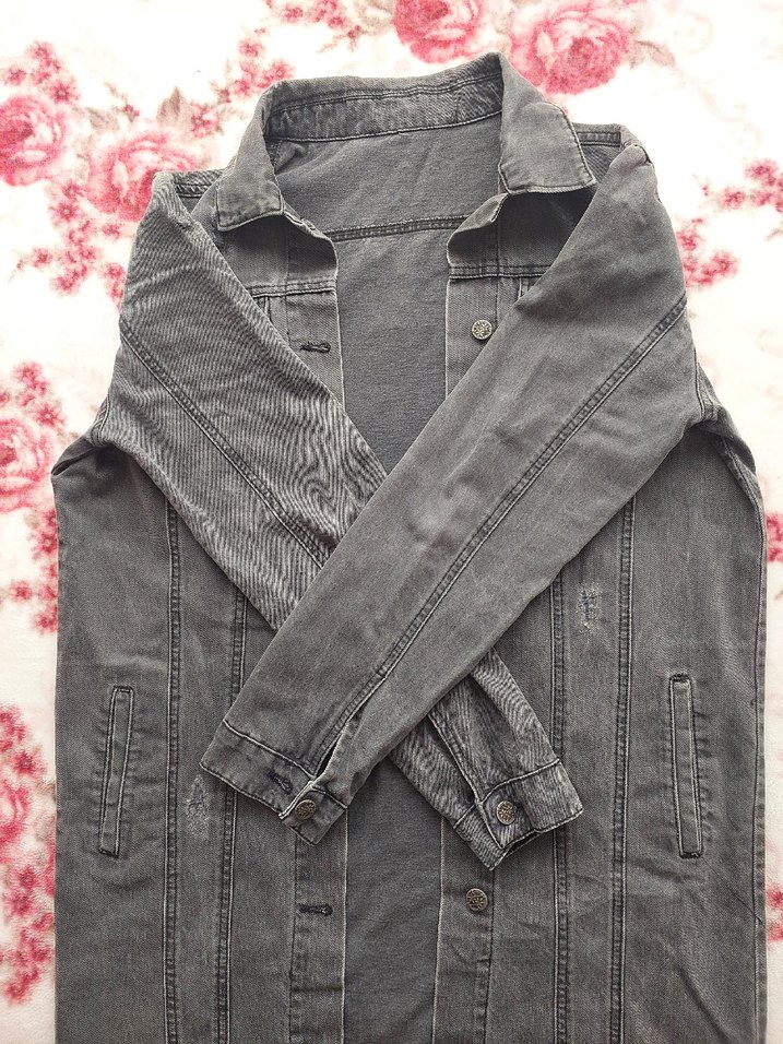 Gri Uzun Kesim Kadın Kot Ceket - Görsel 2