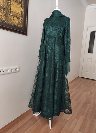 Saten ve dantel yeşil abiye kumaş jan jan şalla beraber - Görsel 6