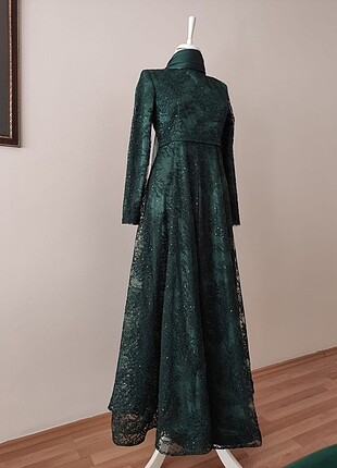 Saten ve dantel yeşil abiye kumaş jan jan şalla beraber - Görsel 7