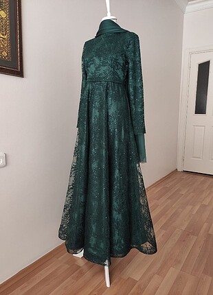 Saten ve dantel yeşil abiye kumaş jan jan şalla beraber - Görsel 8