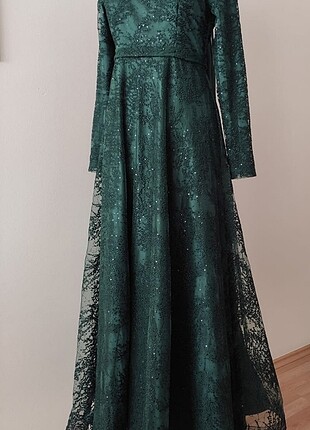 Saten ve dantel yeşil abiye kumaş jan jan şalla beraber - Görsel 9