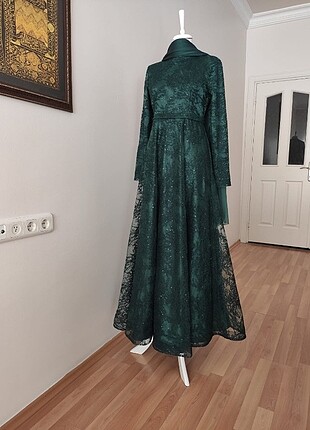Saten ve dantel yeşil abiye kumaş jan jan şalla beraber - Görsel 12