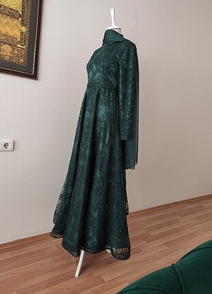 Saten ve dantel yeşil abiye kumaş jan jan şalla beraber - Görsel 13