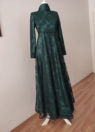 Saten ve dantel yeşil abiye kumaş jan jan şalla beraber - Görsel 14