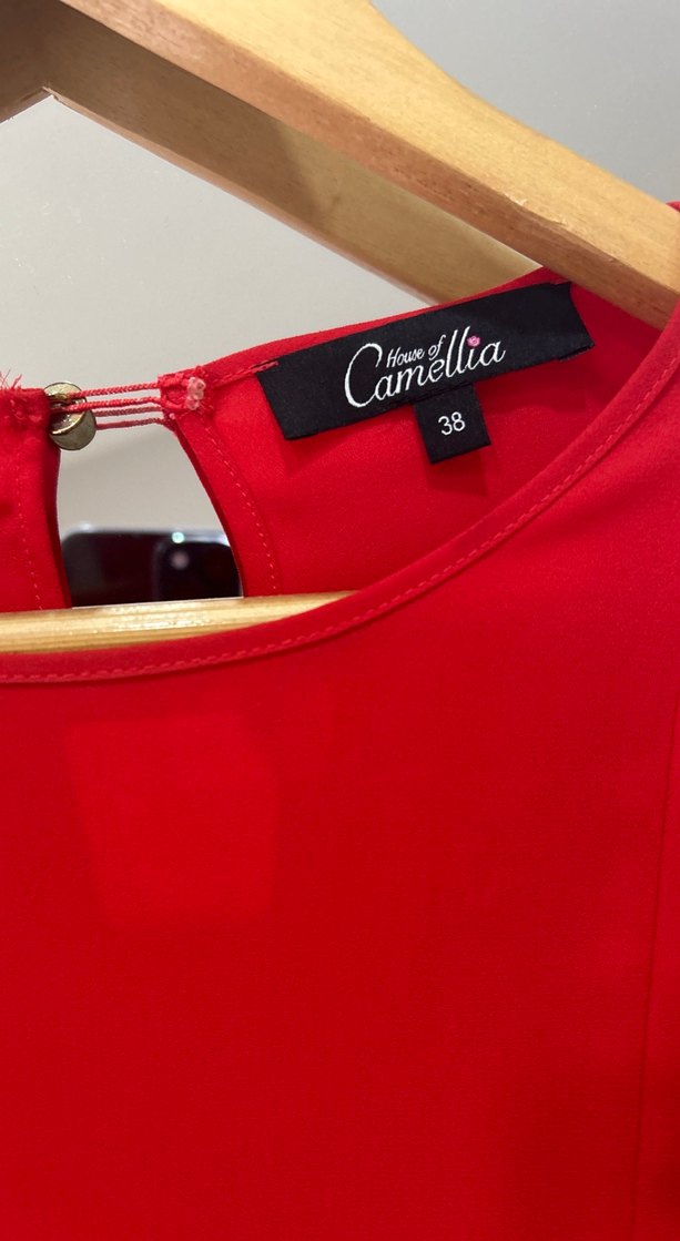 Kırmızı V Yaka Uzun Kollu İpek Bluz - Görsel 3