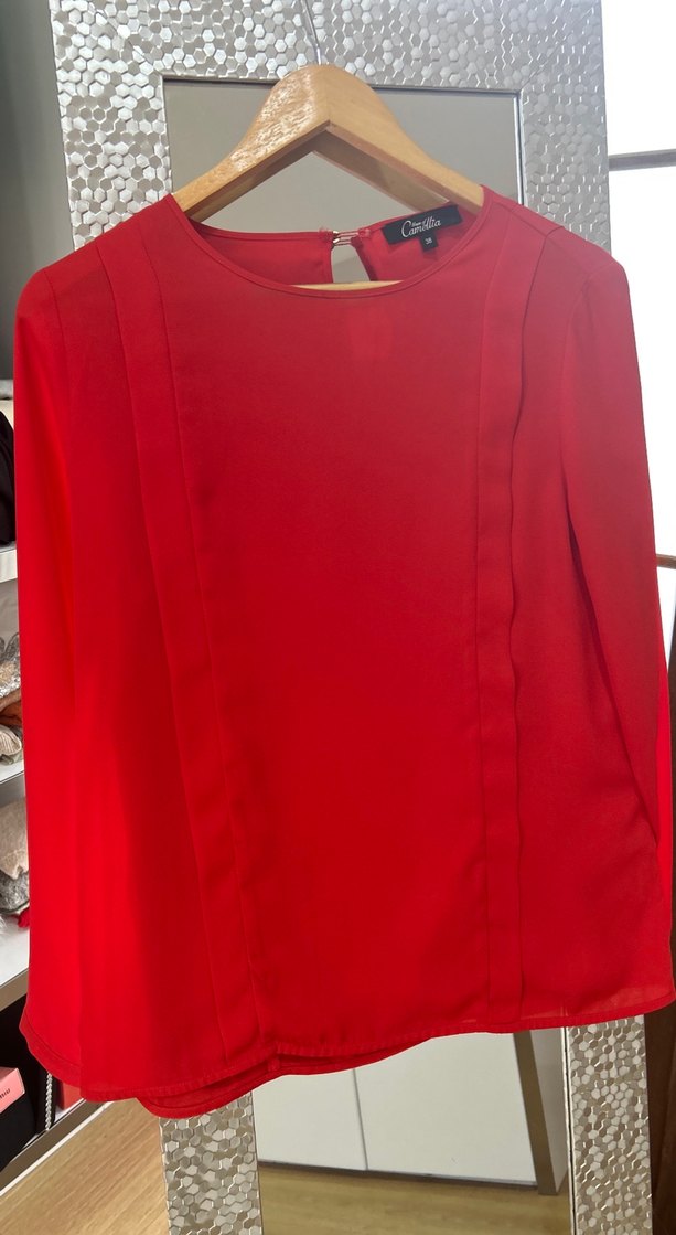 Kırmızı V Yaka Uzun Kollu İpek Bluz - Görsel 2