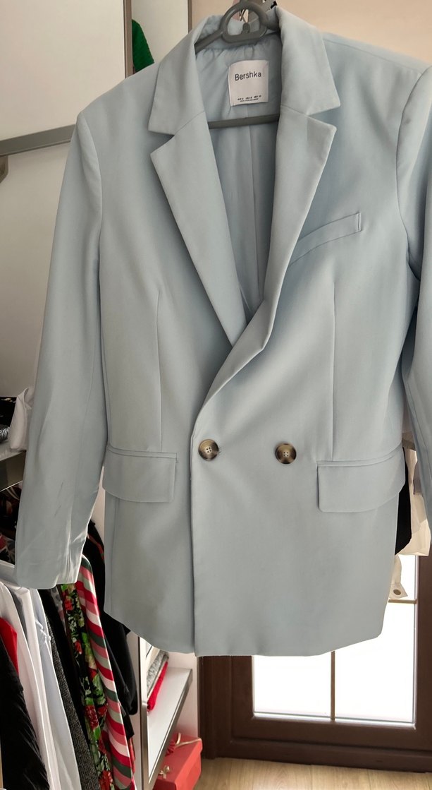 Bershka Mavi Düğmeli Midi Blazer - Görsel 2