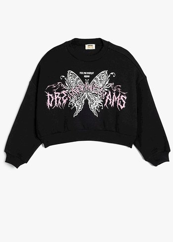 Siyah Baskılı Kız Çocuğu Crop Sweatshirt