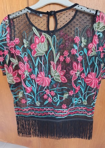 S-M uyumlu Nakışlı Bohem Mini Bluz - Görsel 4