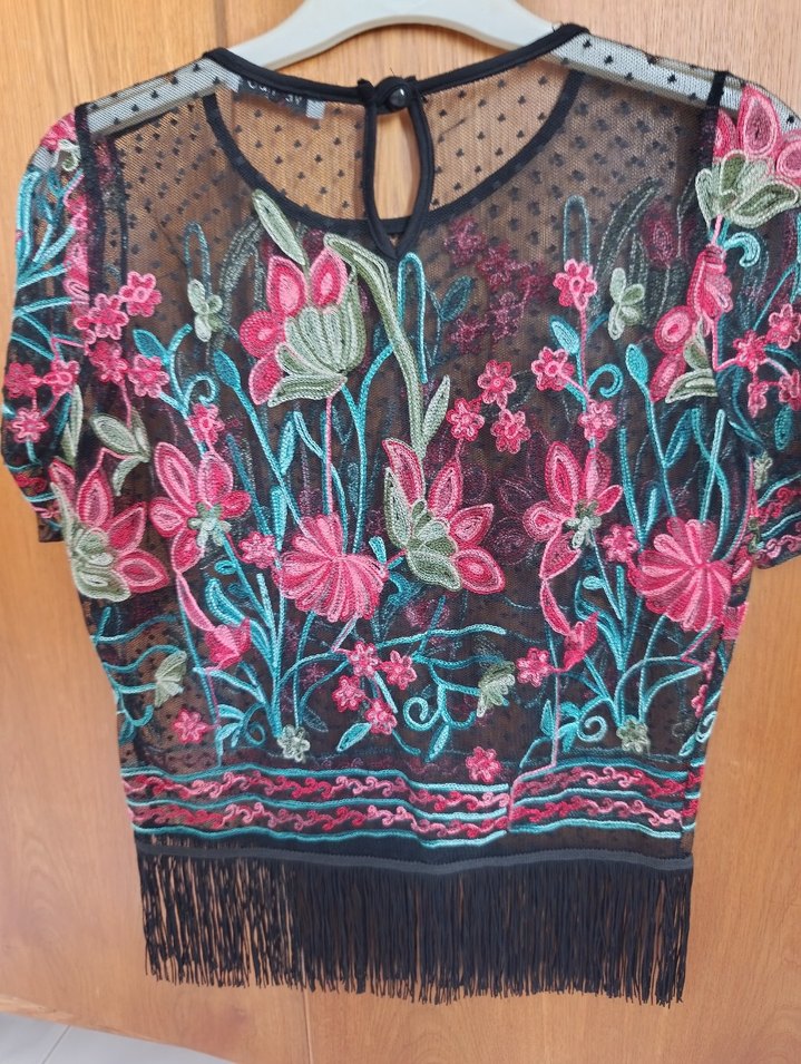 S-M uyumlu Nakışlı Bohem Mini Bluz - Görsel 4