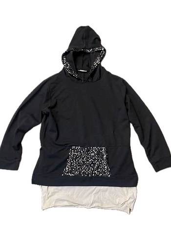 Siyah Payet Detaylı Kapüşonlu Kadın Sweatshirt