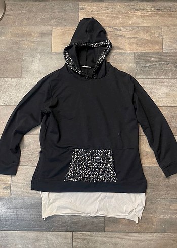 Zara Siyah Payet Detaylı Kapüşonlu Kadın Sweatshirt