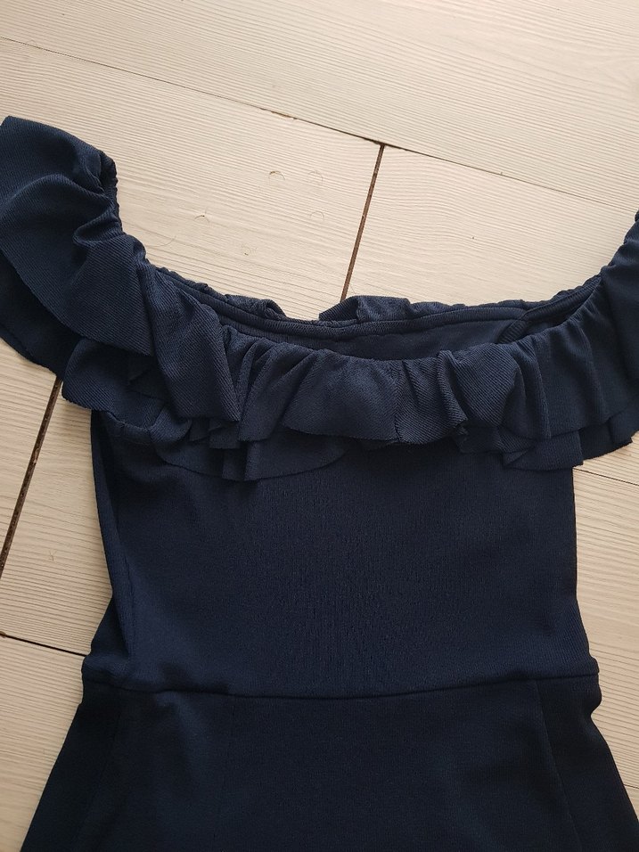 Koyu Lacivert Uzun Kolluksuz Fırfırlı Elbise - Görsel 2