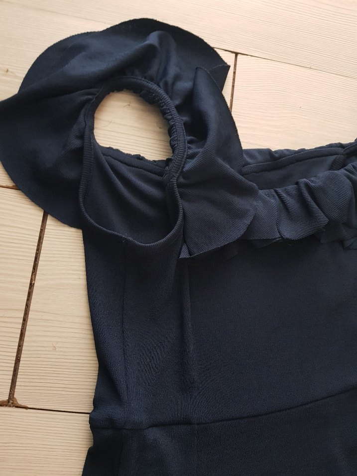 Koyu Lacivert Uzun Kolluksuz Fırfırlı Elbise - Görsel 3