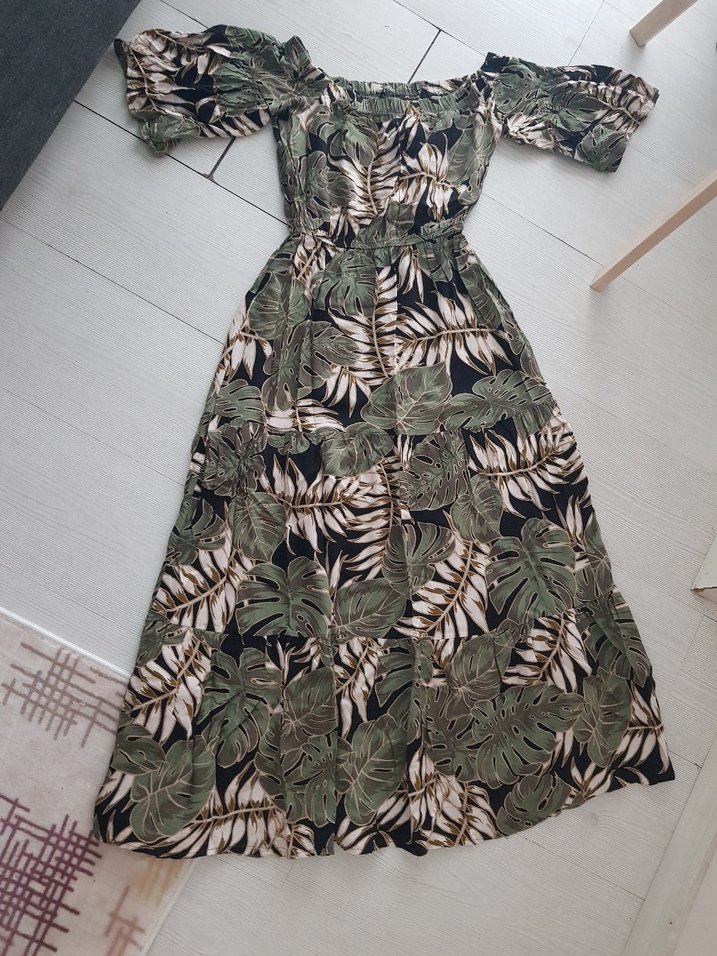 Yeşil Bohem Uzun Elbise Straplez ve Pilili - Görsel 2