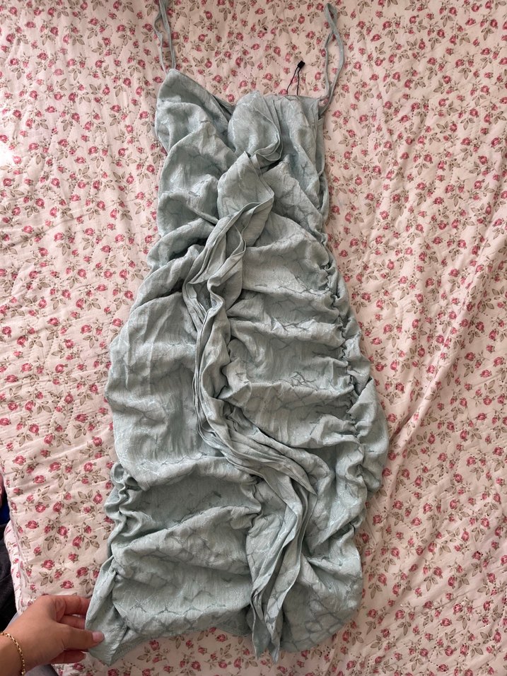 Su yeşili Fırfırlı Mini Abiye Elbise - Görsel 2