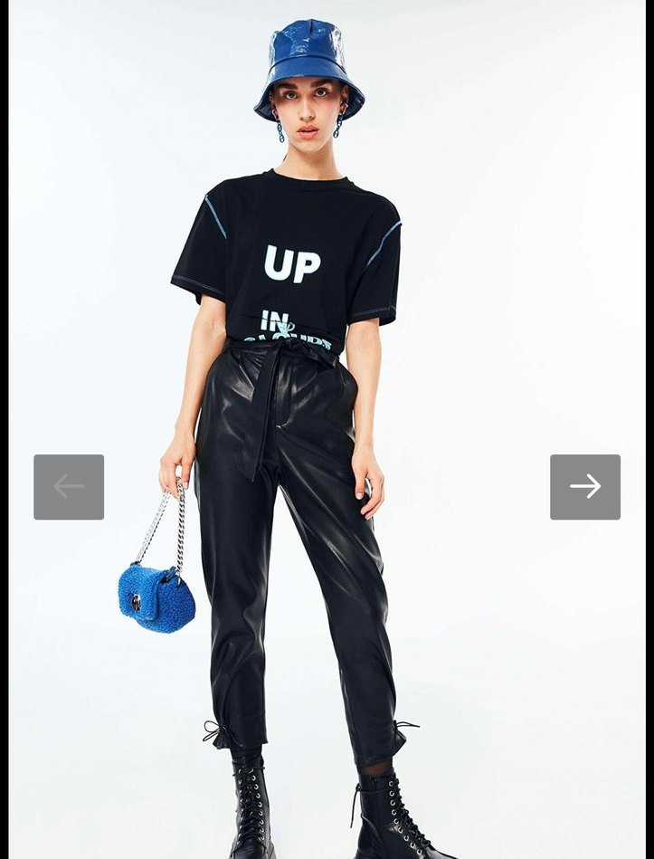 Kadın Siyah Deri Kuşaklı Rahat Pantolon - Görsel 2