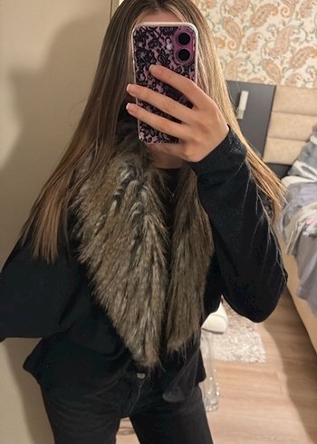 Kürk Detaylı Antrasit Kadın Hırka - Görsel 2