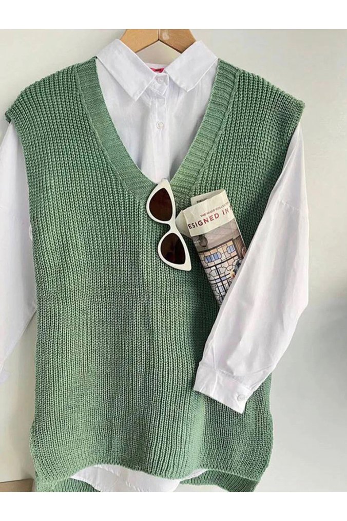 Bohem V Yaka Örgü Kadın Süveter - Görsel 2