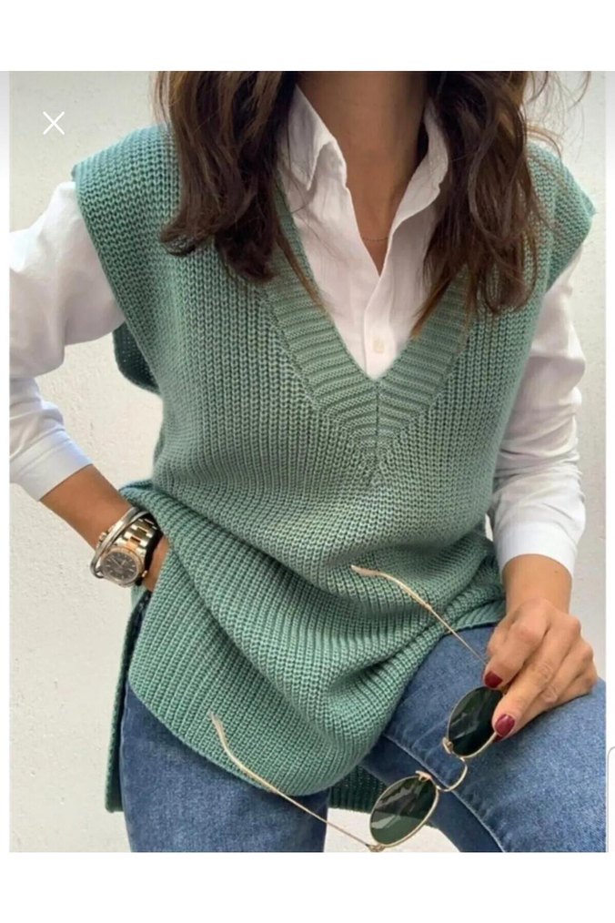 Bohem V Yaka Örgü Kadın Süveter - Görsel 3