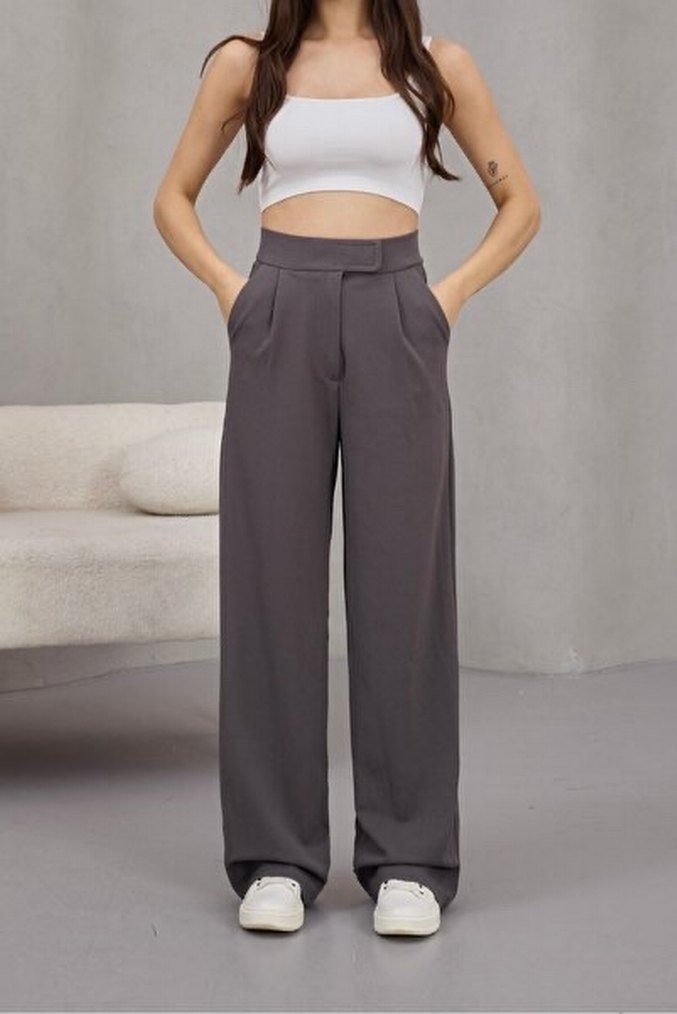Gri Kadın Midi Pamuk Kumaş Pantolon - Görsel 2