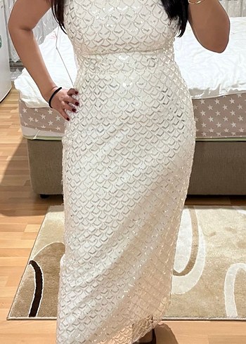 Boncuk İşlemeli Beyaz Straplez Uzun Abiye - Görsel 2