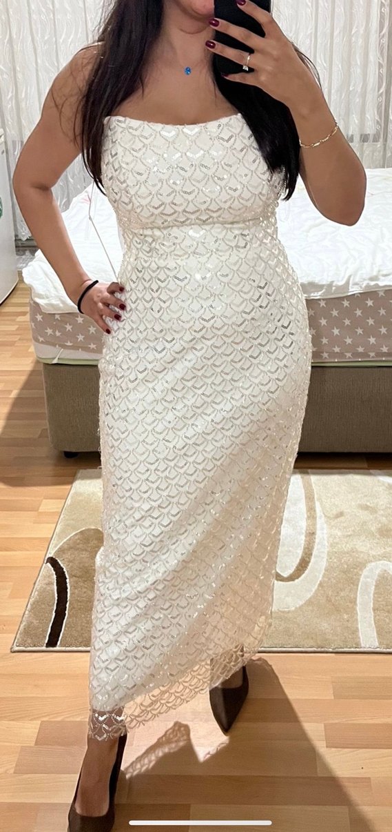 Boncuk İşlemeli Beyaz Straplez Uzun Abiye - Görsel 2