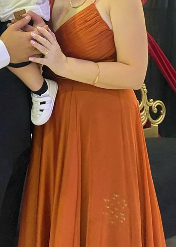 Parlak Kahverengi Drapeli Uzun Abiye Elbise - Görsel 2