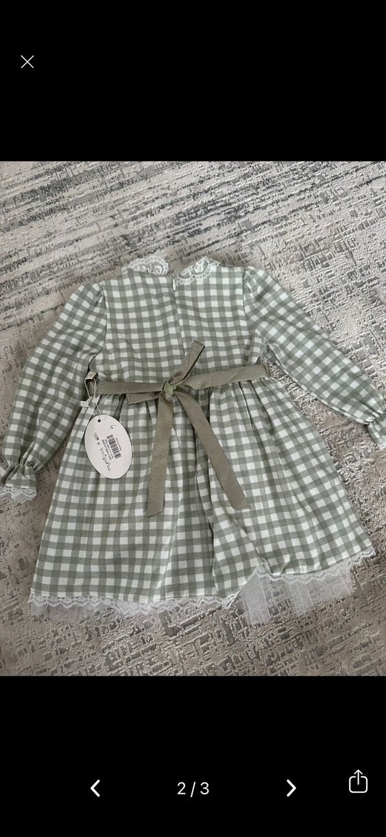 Uzun Kollu Gri Kareli Kız Elbisesi - Görsel 2