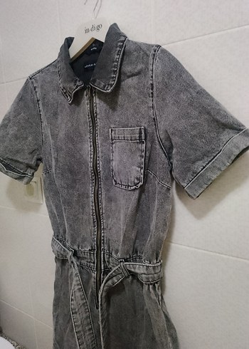 Gri Denim Kısa Kollu Kadın Tulum Kot Jeans Şortlu Tulum - Görsel 3