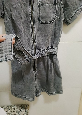 Gri Denim Kısa Kollu Kadın Tulum Kot Jeans Şortlu Tulum - Görsel 4