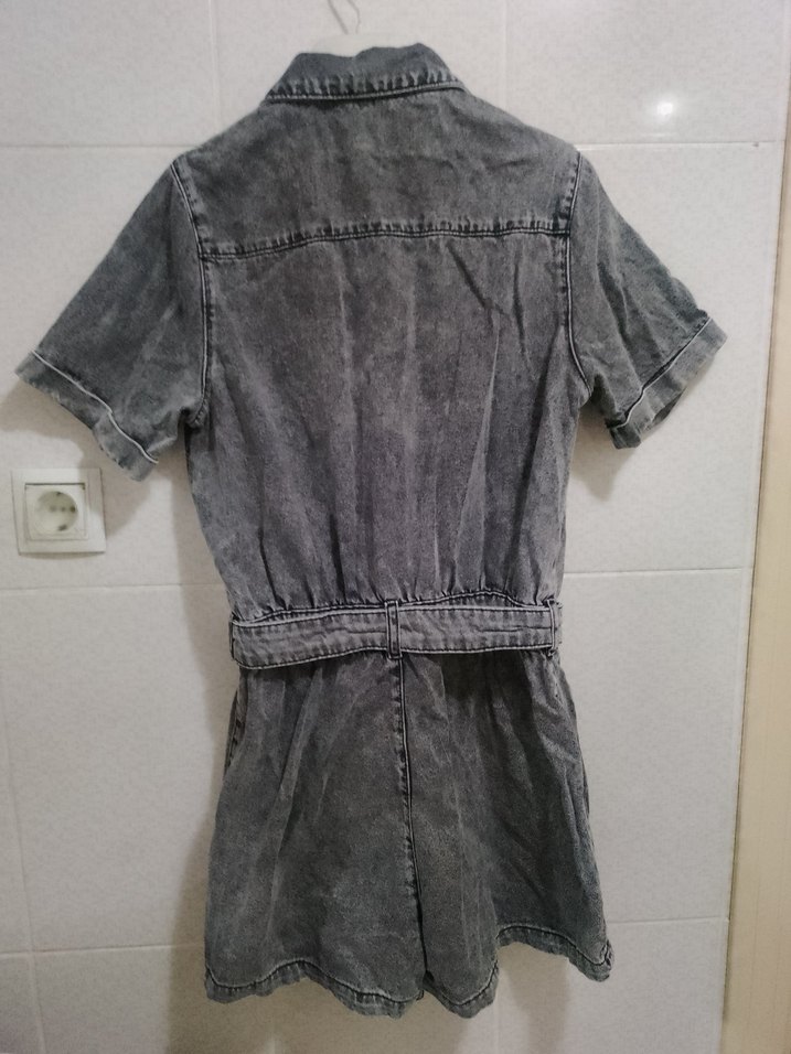 Gri Denim Kısa Kollu Kadın Tulum Kot Jeans Şortlu Tulum - Görsel 5