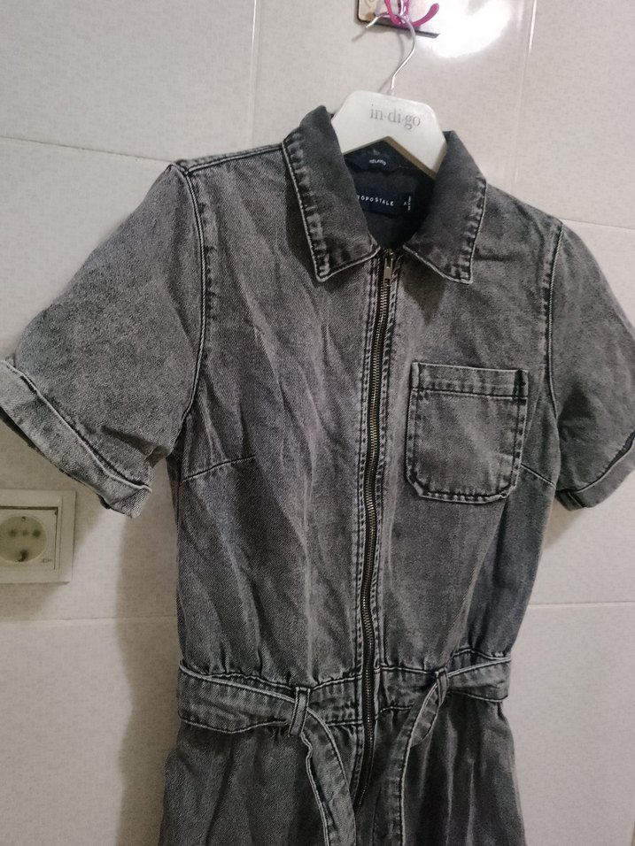 Gri Denim Kısa Kollu Kadın Tulum Kot Jeans Şortlu Tulum - Görsel 2