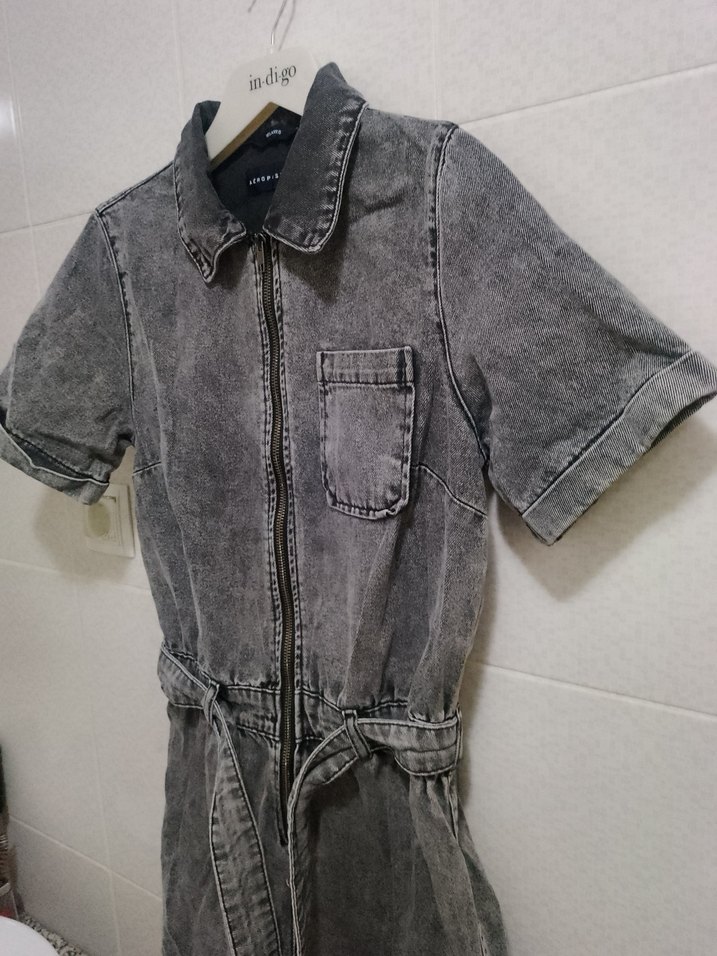 Gri Denim Kısa Kollu Kadın Tulum Kot Jeans Şortlu Tulum - Görsel 3