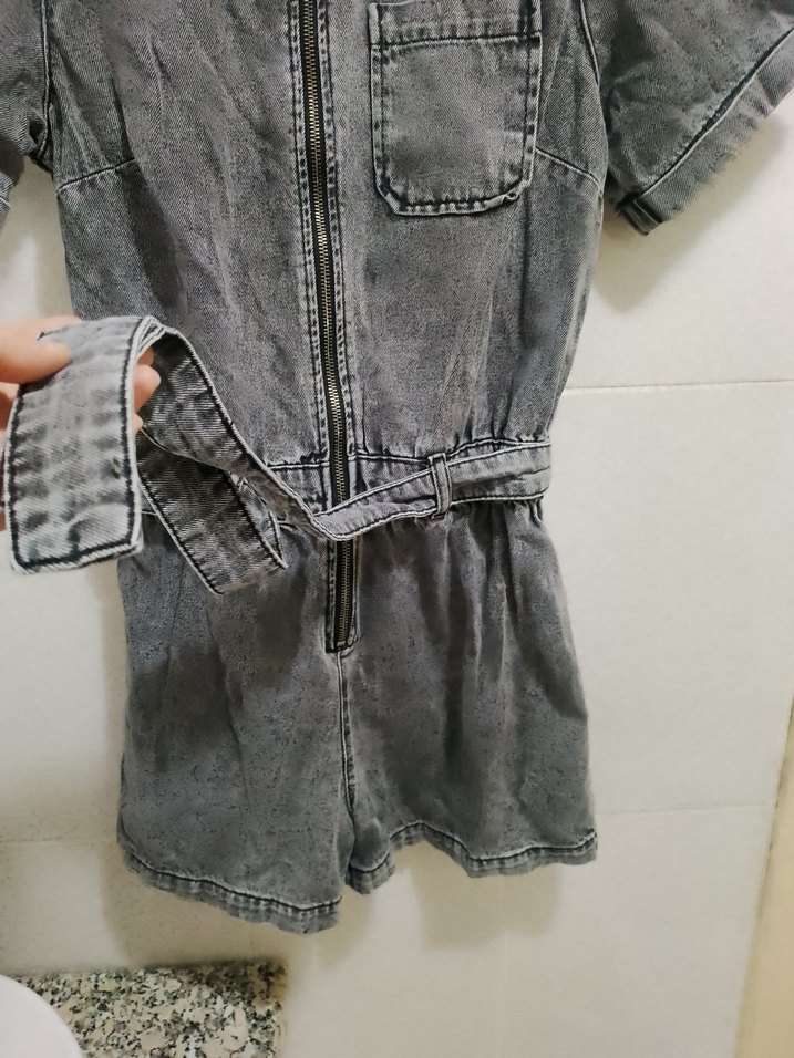 Gri Denim Kısa Kollu Kadın Tulum Kot Jeans Şortlu Tulum - Görsel 4