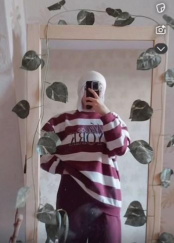 Bordo Çizgili Oversize Kadın Sweatshirt takım