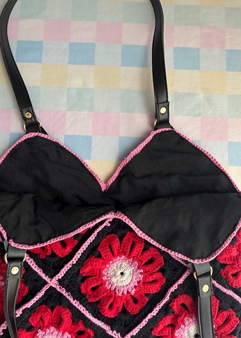 Pembe ve Kırmızı Örgü Bohem Kadın Çanta - Görsel 3