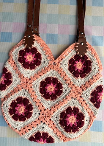 Pembe Çiçek Desenli Örgü Bohem Kadın Çantası - Görsel 2