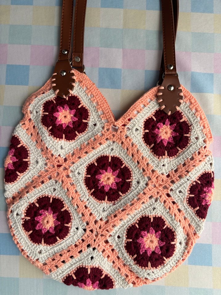 Pembe Çiçek Desenli Örgü Bohem Kadın Çantası - Görsel 2