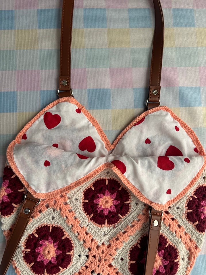 Pembe Çiçek Desenli Örgü Bohem Kadın Çantası - Görsel 3