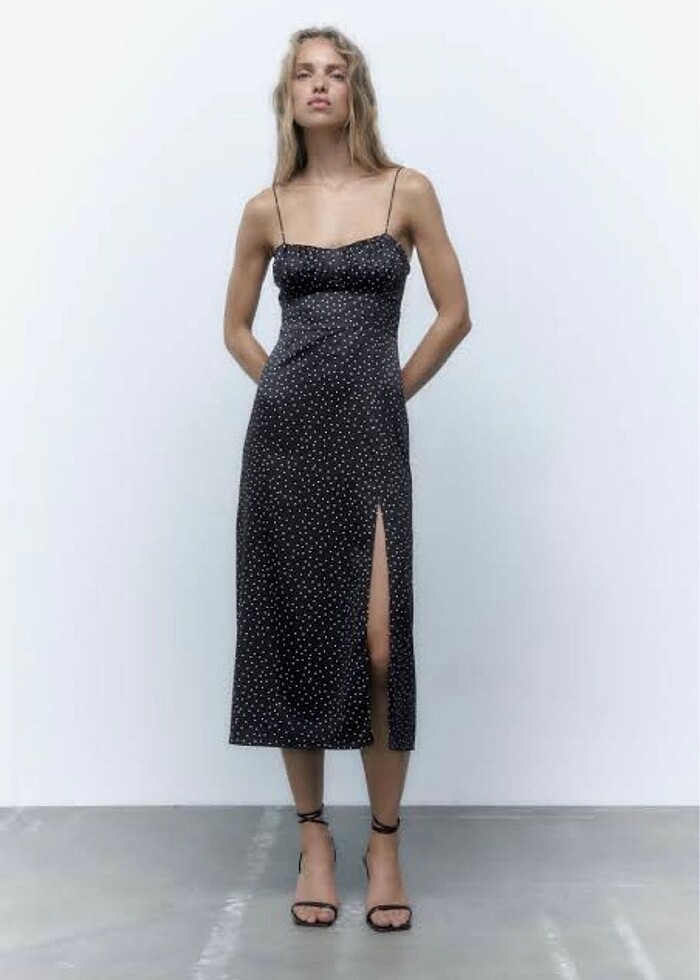 Zara puantiyeli saten elbise - Görsel 2