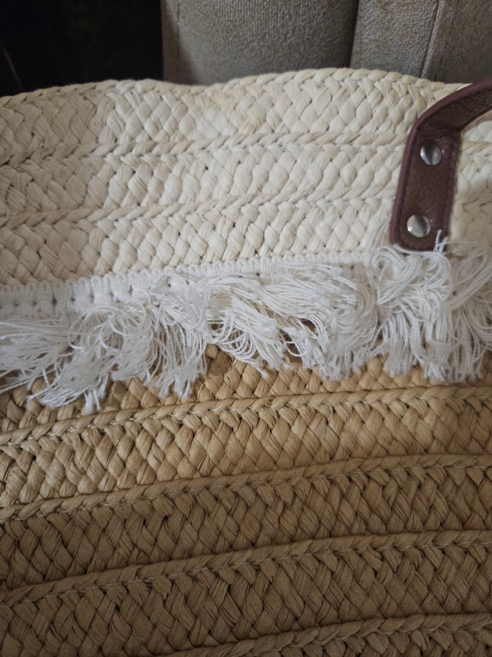 Bej Bohem Püsküllü Hasır Çanta - Görsel 3