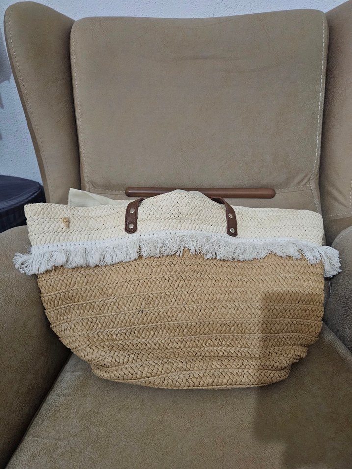 Bej Bohem Püsküllü Hasır Çanta - Görsel 2
