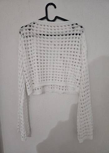 Beyaz Örgü Delikli İspanyol Kol Crop Kazak Bluz - Görsel 2