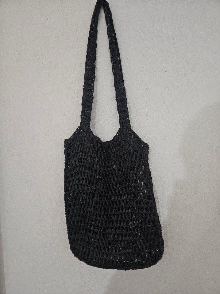 Siyah Örgü Hasır Torba Çanta - Görsel 2