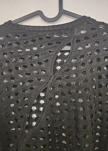 Siyah Örgü Delikli İspanyol Kol Crop Kazak Bluz Set - Görsel 3